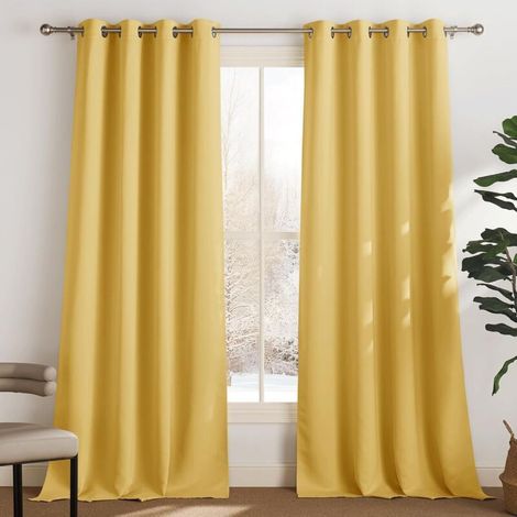 Lot de 2 Rideau Occultant Thermique Isolant Anti Froid et Chaleur 106x160 (lxH) Tenture Opaque à Oeillets Isolation Lumiere Uv Decoration Chambre Maison Salon Intérieurs, Jaune Citron (1/4)