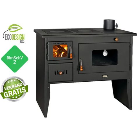 Prity – Poêle à bois 16 kW – Grand four – Sortie de fumée supérieure 130 mm – Chambre de combustion en briques réfractaires – Pour bois et charbon