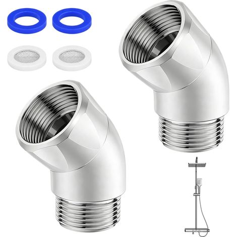 Adaptateur de Douchette à 135 Degrés Lot de 2, Adaptateur Coudé Douchette G1/2 Femelle Mâle en Acier Inoxydable, Raccord Angle Douche Rotatif 360°, Argent (1/5)