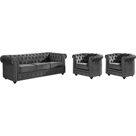 Divano CHESTERFIELD 3 posti e 2 poltrone in velluto Antracite