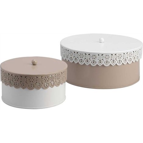 Set 2 boites motif dentelles blanc/taupe (1/2)