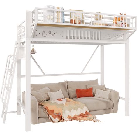 Cama alta de metal blanca 90 x 200 cm con estantes y escalera reversible, sin colchón (1/5)