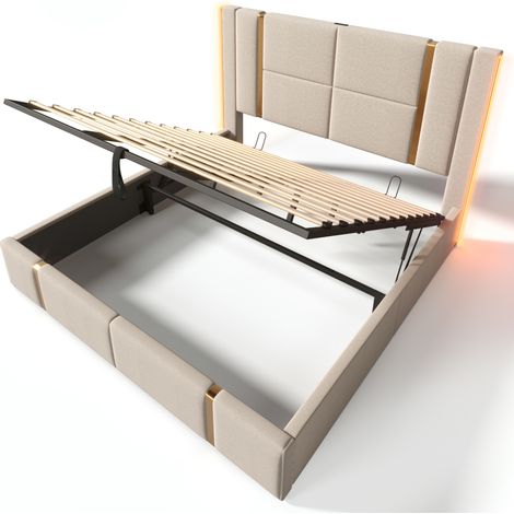Cama doble tapizada 180 x 200 cm beige con LED, USB Tipo C y arcón HOMVRA (1/5)