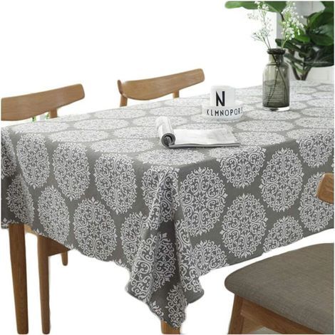 Rechteckige Retro-Tischdecke aus Baumwolle und Leinen – Graues Blumenmuster – Rollsaum – 100 × 140 cm (1/5)