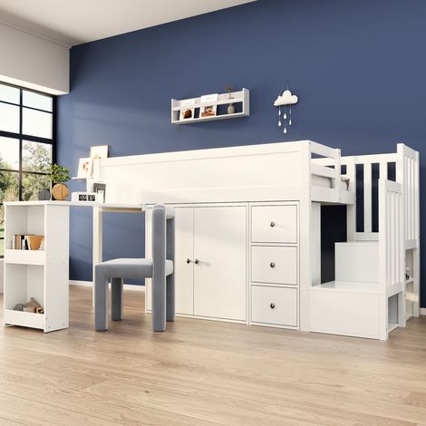 Cama altillo de 90x200 cm con escritorio deslizante, cama altillo infantil con armario, cajón, escalera, sin colchón, blanco (1/5)