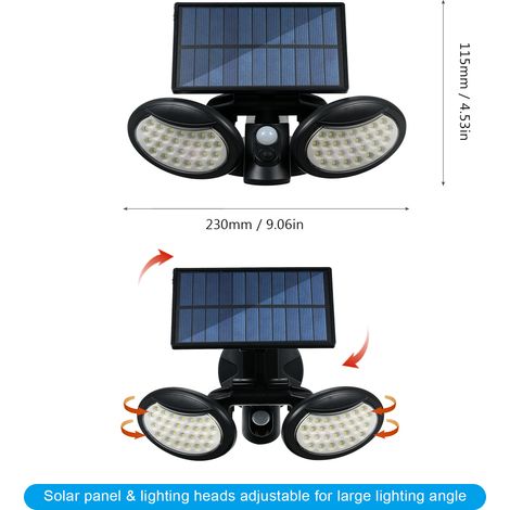 Applique murale solaire détecteur PIR 3 modes éclairage repliable double tête projecteur angle large 360° étanche IP65 éclairage sécurité extérieur terrasse jardin clôture garage (1/3)
