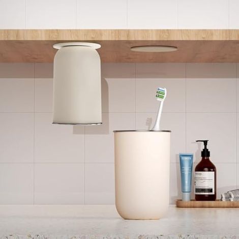 Porte-brosse à dents magnétique mural, 2-en-1 acier inoxydable avec gobelet rince-bouche pour salle de bain, couple, famille, style simple - Blanc crème (1/5)