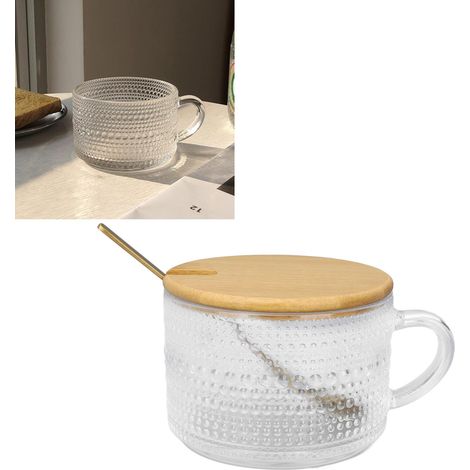Nordischer Frühstücksbecher, 450 ml, mit Retro-Henkel, Kaffee-/Teebecher aus Klarglas im französischen Stil, 4-teiliges Set mit Polka-Dots + Löffel + Bambusdeckel (1/5)