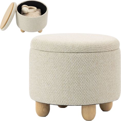 Pouf Coffre de Rangement Rond en Toile de Jute, Repose-pieds avec Couvercle, Pieds Bois Hévéa, Beige (1/5)