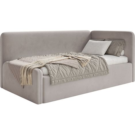 Selsey Fanko – Jugendbett 90x200 cm mit Rausfallschutz, Matratze, Kopfteil rechts, Samt, Graubeige