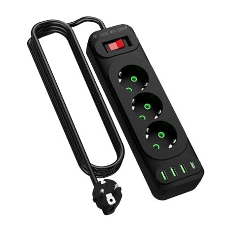 [NIEMALS VERWENDET] Ecksteckdose mit USB und Type-C, 3/4/6/8 Fach Mehrfachsteckdose mit Schalter, Steckdosenleiste mit 2M Kabel für Küche (3-Fach)