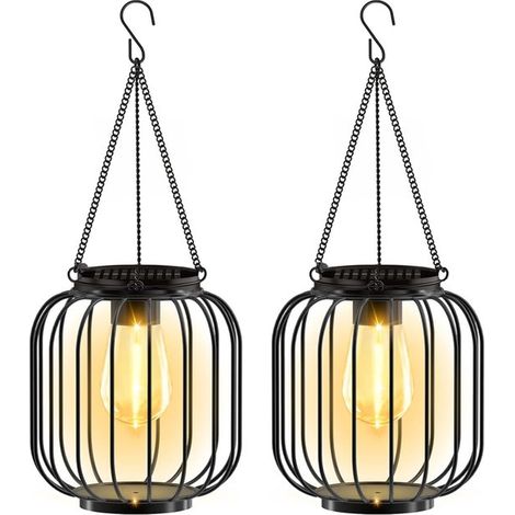 Lot de 2 lanternes solaires suspendues en métal, étanches, éclairage blanc chaud pour jardin et terrasse (1/2)