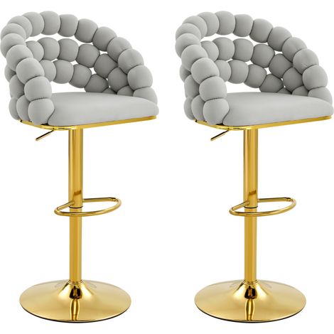 Set de 2 taburetes de bar de terciopelo gris claro regulables con respaldo de cadena y base dorada (1/5)