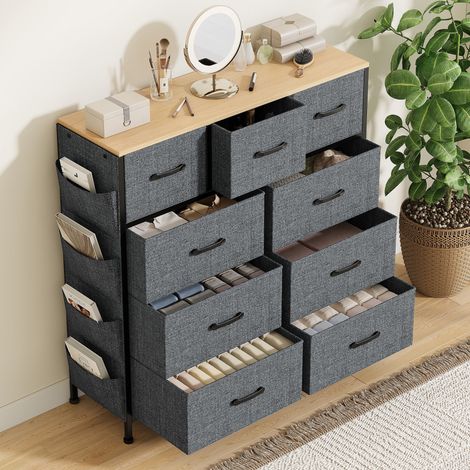 Schubladenschrank 99x30x100 cm - mit 9 Vlies-Schubladen - 4 Seitentaschen und Holzoberfläche - Aufbewahrungseinheit - Grau (1/5)