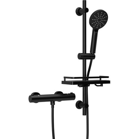Görbach Colonne de douche thermostatique en inox, barre de douche 70 cm avec mitigeur thermostatique, douchette et tablette, noir mat (1/5)