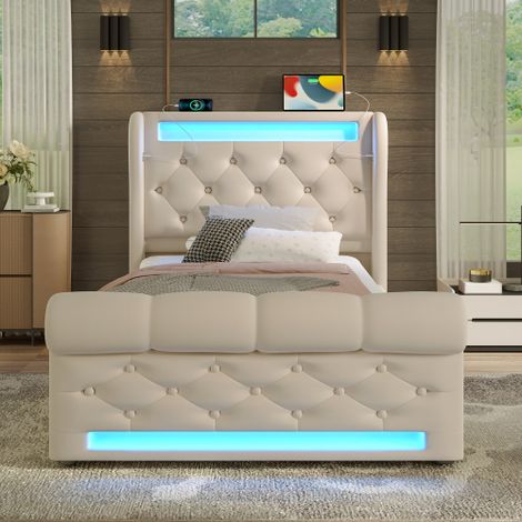 Moderne lit rembourré lit individuel 90x200cm, lit rembourré avec lampes LED, tête de rangement avec connexions USB et Type C, lit de rangement hydraulique, beige, velvet. (sans matelas) (1/5)