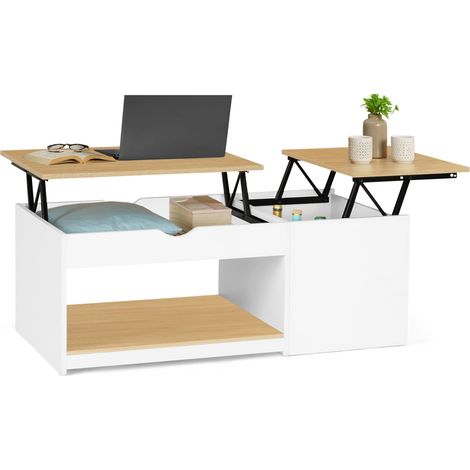 Idmarket – Table basse 2 plateaux relevables – Coffre en bois blanc et hêtre – Dimensions 110x55x42cm – Mécanisme en acier laqué époxy noir (1/5)