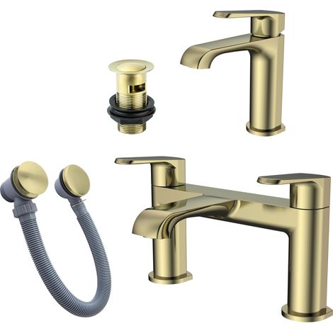 Brushed Brass Basin Sink Tap & Bath Filler Set with Matching Waste Plugs (1/4)