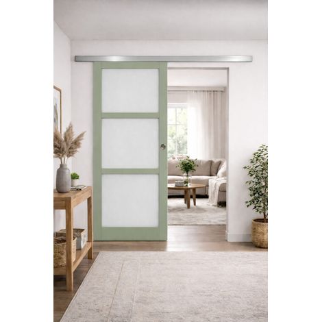 Porte Coulissante Vert Sauge Ral 6021 Vitrée H204 X L73 Cm, Rail Alu, Coquilles Gd Menuiseries