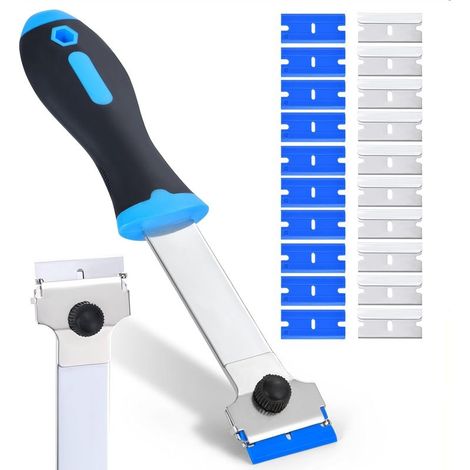 Spatule nettoyage long manche bleue, 10 lames métal + 10 lames plastique rechange, pour plaques cuisson peintures carrelage vitres (1/5)