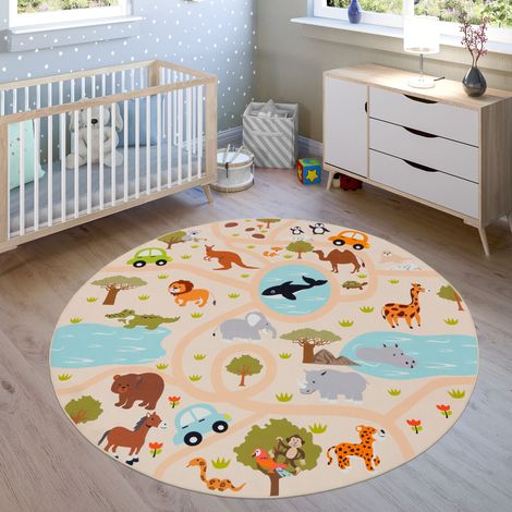 Paco Home Kinder-Teppiche, Kurzflor-Teppiche für Kinderzimmer mit vers. Designs Spielteppiche Bunt 200 cm Rund, Bunt 2