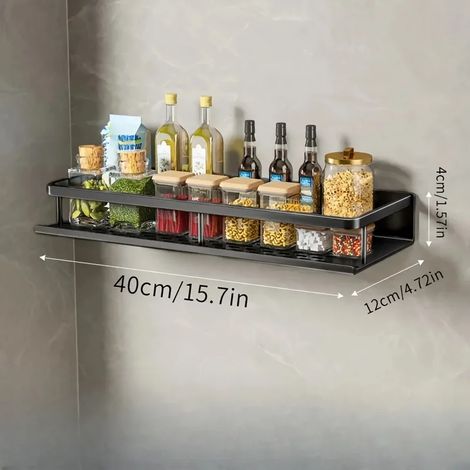 (40 cm noir) Étagère murale multifonctionnelle en aluminium pour le rangement des épices, des accessoires de cuisine et autres ustensiles. Crochets de rangement inclus. (1/5)