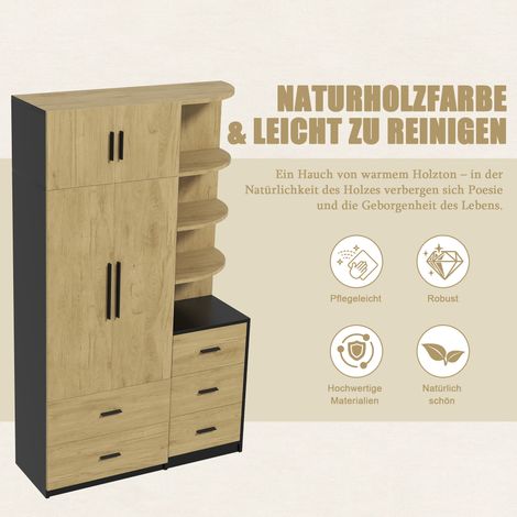 Armoire avec tringle et cinq tiroirs, armoire deux portes + vitrine, meuble de rangement pour la chambre, meuble de rangement en bois naturel et noir (bois naturel + noir) (1/4)