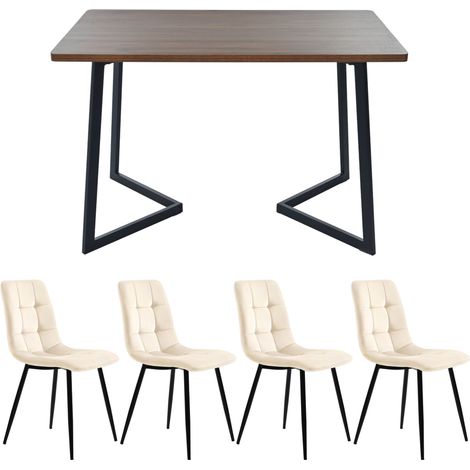 Conjunto de comedor 5 piezas mesa rectangular MDF color nogal y 4 sillas de terciopelo (1/5)