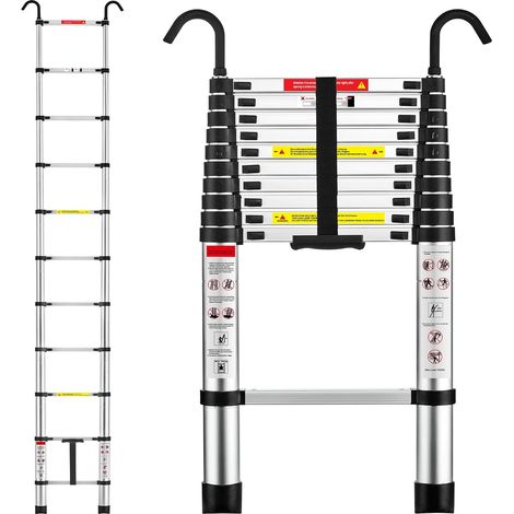 TEENO Escalera Telescópica de 2,6m de Aluminio, Plegable, Reposabrazos Extraíble, Multifunción Portátil Plegable Extensible, Carga Máxima de 150 kg