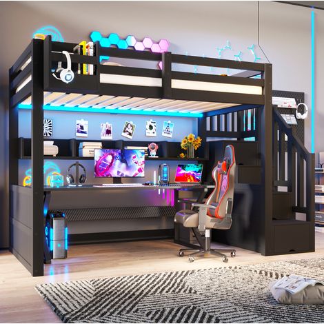Lit mezzanine 90x200 cm en bois noir avec rangements, pour chambre d'enfant, sans matelas – MEUBLIV (1/5)