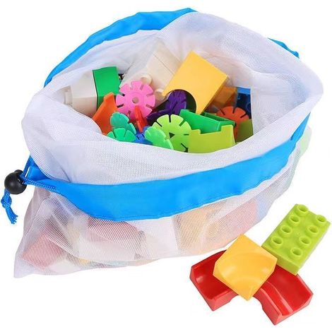 Sac de rangement pour jouets (Bleu) — 30 x 43 cm — 1 pièce — Sac organisateur en maille transparente avec fermeture par cordon de serrage (1/5)