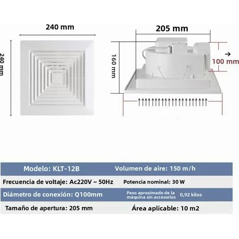 Ventilateur de plafond (8 pouces) spécialement conçu pour les cuisines et les salles de bains, avec un grand volume d'air et une forte aspiration. (1/5)