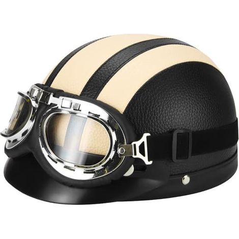 Casque de moto style rétro, taille 54-60 cm, avec visière solaire et lunettes de protection UV. Jaune (1/3)