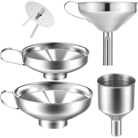 Embudos, Paquete de 4 embudos de cocina de acero inoxidable, apto para botellas de vidrio, frascos de especias, para verter líquidos (1/5)