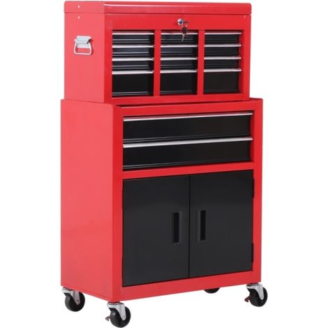 Metal tool chest on wheels with 6 drawers, pegboard, and top chest. Compact 61.6 x 33 x 108cm red and black combo for efficient storage.