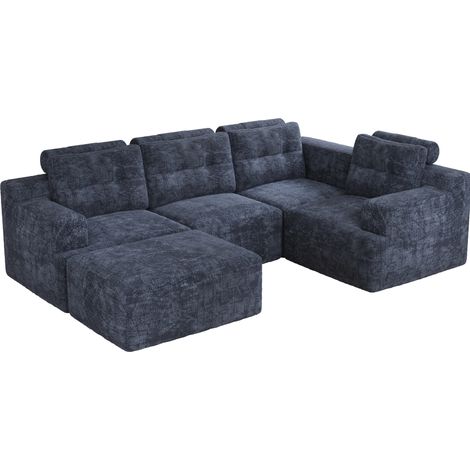 Canapé modulaire 5 places en chenille bleu avec repose-pieds, dimensions 252x180x82 cm (1/5)
