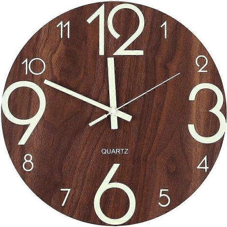 Horloge murale lumineuse, 30 cm (12 pouces), silencieuse, en bois, avec veilleuse intégrée pour la cuisine, le salon et la chambre à coucher (intérieur/extérieur), fonctionne sur piles. (1/5)