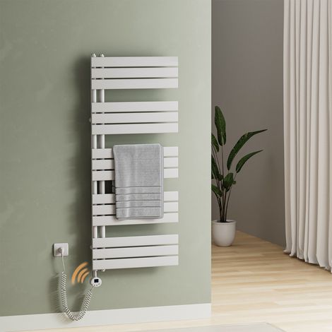 S'Afielina – Sèche-serviette électrique 800W – Thermostat programmable – Tube plat blanc 132x60 cm – Commande Wi-Fi – 4 modes de chauffage - 800Watts
