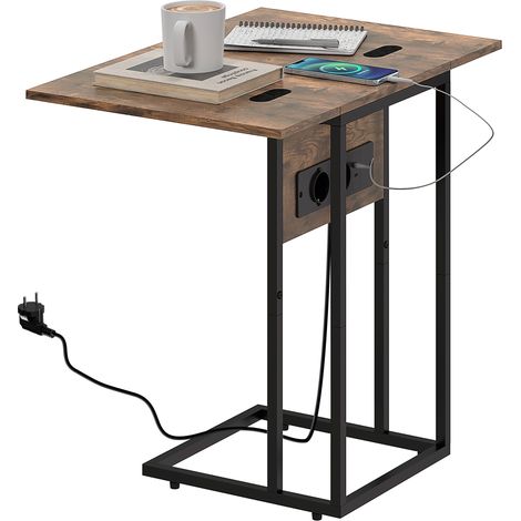 Table d'appoint pliable avec station de charge USB, métal, marron, 39 x 29 x 57 cm