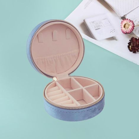 Mini joyero de viaje de terciopelo, joyero de viaje para niñas y mujeres, azul (1/5)