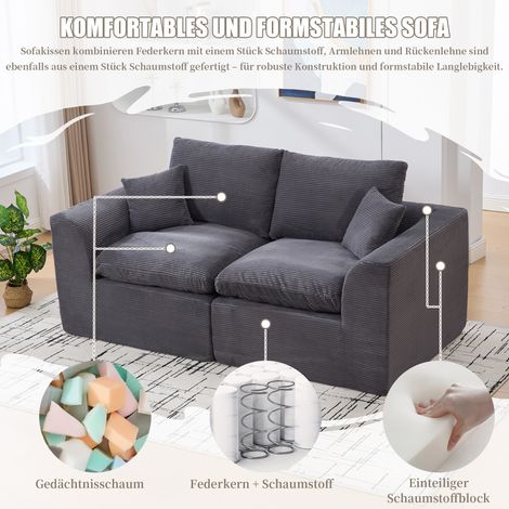 Canapé 2 places nordique Gray Corroy en tissu,confortable avec coussins,design minimaliste pour salon et chambre.