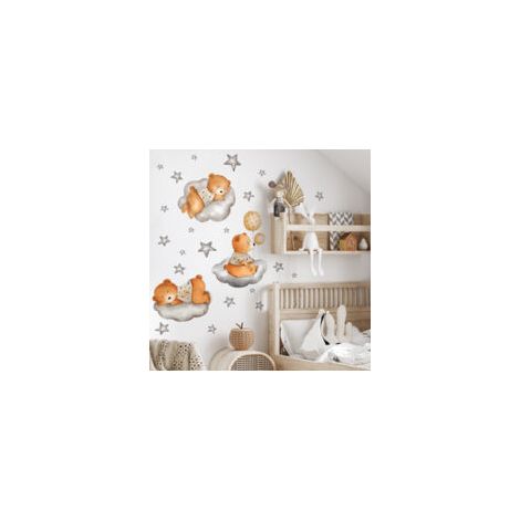 Ein Set Wandsticker mit Teddybären, Wolken und Sternen Wanddekoration für Wohnzimmer, Büro, Schlafzimmer und Küche abnehmbare Sticker - Crezuo