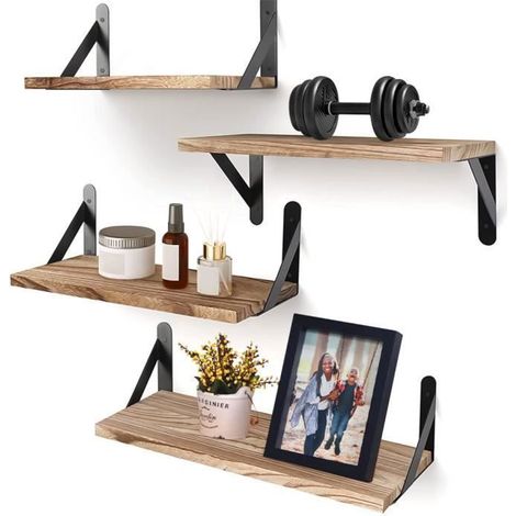 Etagère Murale Bois, Lot de 4 Flottantes Tablettes Métal Charge Maximal 20 Kg pour Salon Chambre Bureau Salle de Bains ou Cuisine (1/5)