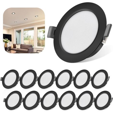 Foco LED empotrable de 5 W, IP44, blanco neutro 4000 K, foco LED extra plano de 450 lm, paquete de 12, orificio de 68-80 mm, 230 V, luz de techo empotrable de 25 mm, negro, para baño, cocina, sala de  (1/5)