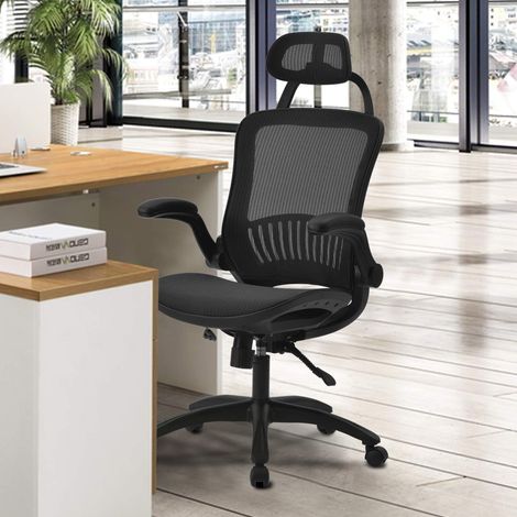 Silla de oficina giratoria ergonómica con respaldo alto de malla, reposacabezas y reposabrazos ajustables - Para el hogar y la oficina - Negra (1/5)