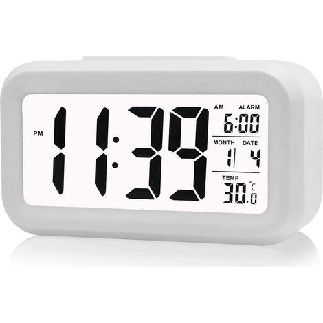 Réveil LED numérique avec fonction snooze, capteur de luminosité, rétroéclairage activé, affichage de la date et de la température (blanc) (1/5)
