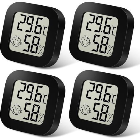 Thermomètre Hygromètre Interieur, 4PCS Mini LCD Termometre Maison, Moniteur de Température et Humidimètre Indicateur du Niveau de Convient pour Les Chambres D'enfants, Maison, Bureau (Noir) (1/5)