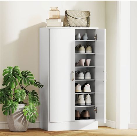 Mobile portascarpe 55 x 35 x 108 cm, ripiani regolabili, chiusura soft-close bianco DESVIAE (1/5)