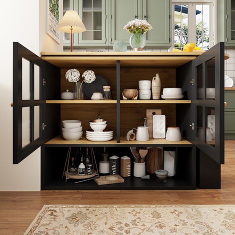 Sideboard 138-204/39/102,5 cm in Schwarz mit 360° Drehfunktion und Glasfront (1/5)