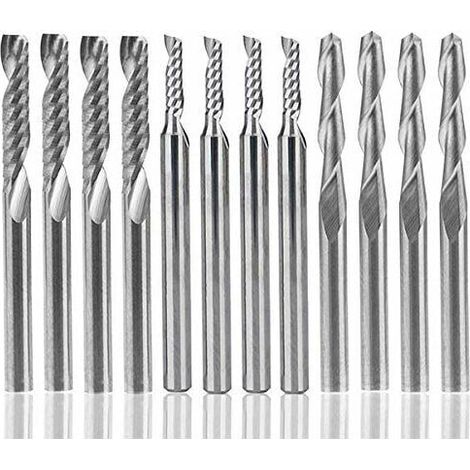 Juego de 12 fresas de carburo de tungsteno para router, 4 fresas CNC de doble filo de 1/8" + 8 fresas de un solo filo (2 tipos) para nylon, resina, ABS, acrílico, PVC, MDF y madera. (1/4)